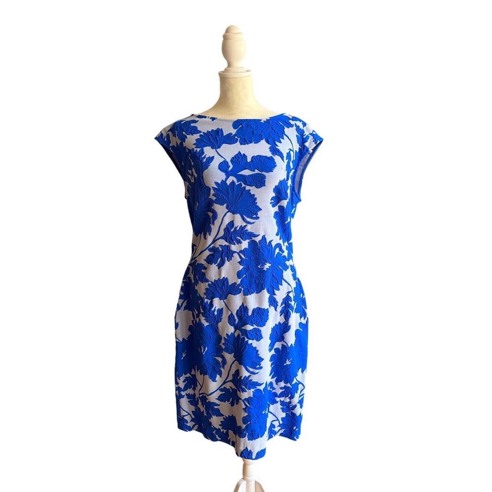 Women's Cobalt Blue and Gray Floral Sheath Cap Sleeve Dress size 10